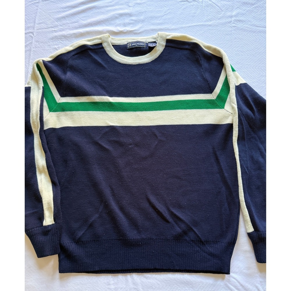 Vintage Van Heusen Mens Large Navy Blue Striped Ski Sweater Acrylic Sweater L